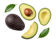 © Sarah - Fresh whole and sliced avocados with green leaves, showcasing healthy fruit isolated on a transparent background.