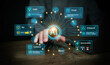 © OleCNX - AI assistant and decision making concept. Hand touches interface where AI helps decide and offer risk analysis. Generative artificial intelligence for business and investment, and personal assistance