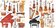 © MstRozinaAkter - Variety of Musical Instruments Including Piano, Guitars, Drums, Brass, Strings, and Wind Instruments in Cartoon Style
