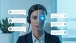 © Fatima - A woman wearing a headset with a futuristic AI interface on her face in a modern office setting