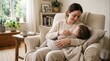 © Alejandro - Caring Mother Cradling Baby in Cozy Living Room, Warm Family Moment at Home