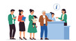 © rasel - Diverse group of people including an elderly man and a mother with a child wait in line at a service desk or information counter.