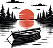 © Anamul - Wooden boat on lake during red sunset with forest pine trees silhouette and water reflections