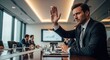 © RONNY - Businessman raising hand in modern boardroom meeting with colleagues present.