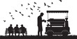 © Lamia - Black silhouette city scene, people sitting on bench, man with food cart, birds flying