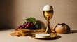 © Meer - Eucharist elements on table with bread grapes and wheat symbolizing communion and faith