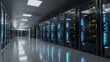 © zhou yan - Modern data center server room with black racks, blue LEDs, organized cables, volumetric lighting, tech ambiance, copy space for tech website, cloud computing background, 8K Unreal 5 render
