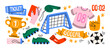 © Limpreom - Football fan stickers in retro cartoon style. Soccer ball, goal net, trophy cup, tickets, whistle, jersey, socks and sport accessories. Match day graphics, soccer supporter elements