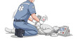 © NanzZ - Illustrated scene of an emergency medical technician using a defibrillator on a patient lying on the ground, depicted from a high angle with clean lines and a bright, clinical aesthetic