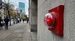 © Norah Allen - A close up view of a red fire alarm mounted on a textured concrete wall with a blurred urban street scene in the background red alarm emergency light fire safety building safety