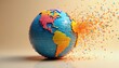 © Viktor - Pixelated world globe breaks apart into many colorful small cubes scattering. Earth disintegrates into tiny particles floating in air. Digital abstract concept.