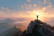 © Vlad - Joyful man on a mountain peak at sunrise, arms raised in praise to the divine, symbolizing faith, hope, and world wisdom
