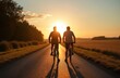 © Viktor - Two men ride bicycles down an asphalt road at sunset. Silhouettes are visible against the warm sky. They are on a country path with fields and trees.