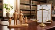 © Masque - Wooden family figures stand on a desk near a law scale and legal documents for family law concepts.
