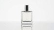 © siraphol - Minimal glass perfume bottle with metallic cap on reflective white surface, elegant still life