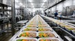 © Albaloshi - sealed aluminum trays of cooked meals.Food factory conveyor belt modern food processing plant where a continuous line of pre-packaged meals, containing diced carrots,