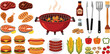 © MDRIFAT - Professional summer barbecue vector icon set featuring charcoal kettle grill, grilled steaks, burgers, hotdogs, salmon, corn, vegetables, and essential bbq cooking tools for backyard parties.