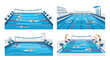 © LOBSTER LARRY - Athletes compete in swimming races at a competition pool with starting blocks