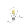 © platipas - Continuous One Line Drawing of Light Bulb with Yellow Glow, Minimalist Idea and Creativity Concept, Brainstorming and Innovation Vector Illustration Isolated on White