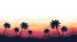 © Shobuj - Tropical sunset landscape features palm tree silhouettes against a colorful background of layered hills and flying birds at dusk.
