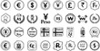 © naila - Set of diverse global currency symbols and financial icons in black and white vector style, ideal for international finance, banking, and economic illustrations.