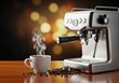 © Phetthanousack - A steaming ceramic cup of coffee sits next to a modern espresso machine with scattered roasted beans and soft golden bokeh background light, aromatic, cafe, drinkware
