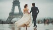 © pornsawan - Happy Wedding couple in rain,london or paris,Young joyful bride and groom emotionally dancing,honeymoon and romantic time,valentine,sweet moment,copy space.