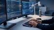 © Dreamscape - Software developer typing code on mechanical keyboard with dual monitor setup displaying programming script and analytics dashboard, late night work atmosphere, web development