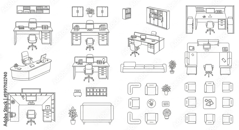 Office Layout Drawable Office Furniture Layouts and Design Sketches. Stock Vector | Adobe Stock