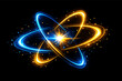 © Talha - Abstract Glowing Atom Shape with Dynamic Blue and Golden Light Trails, Sparkling Energy Particles, and Futuristic Nucleus on Black Background for Science, Technology, and Physics Concepts