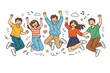 © Talha - Happy Group of Young Friends Jumping for Joy in Hand Drawn Doodle Style Vector Illustration; Diverse People Celebrating Success, Achievement, and Happiness with Confetti and Musical Notes