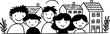© Artem - Smiling children and adults posing in residential street scene