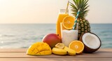 Smoothie dan jus buah tropis segar di meja kayu dengan latar belakang laut musim panas