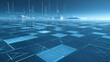 © sevector - Grid pattern and translucent structures define a conceptual future city, connecting abstract data networks across a serene, digitally rendered expanse with distant frosted elevations