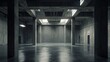 © sevector - Empty underground parking garage or industrial basement with large concrete columns, beams, and skylights reflecting on the wet floor, creating a stark, minimalist environment