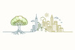 © MD Rohidul Islam - Minimalist Continuous Line Art of a Green Tree Connected to a Modern City Skyline, Representing Sustainable Urban Development, Environmental Conservation, Eco Friendly Living, and Green City Growth