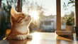 © Larisa AI - A charming golden cat sits at a window, gazing thoughtfully outside into a warm sunset, capturing the essence of peace, contentment, and the comfort of home in a serene setting.