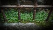 © suyu - Green weeds and small white flowers growing at the base of a rust iron fence on a moss stone ledge, showing nature decay urban growth as weeds flowers rust fence moss stone reclaim abandoned metal