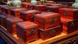 © suyu - Luxury sandalwood wooden boxes in stepped arrangement, Chinese luxury antique jewelry storage handcrafted woodgrain traditional design with elegant oriental exhibition background