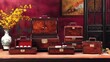 © suyu - Luxury sandalwood wooden boxes in stepped arrangement, Chinese luxury antique jewelry storage handcrafted woodgrain traditional design with elegant oriental exhibition background