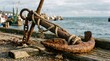 © musa - Rusty Anchor Resting on Wooden Dock with Rope and Chain.