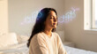 © peacefy - A calm woman meditates with the molecular structure of hormones, representing a sense of inner peace.