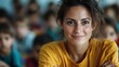 © Larisa AI - A confident woman smiles warmly in a classroom setting filled with children, representing a nurturing learning environment and the compassion of educators to inspire young minds.