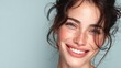 © cong - Close up portrait of smiling young woman with beautiful freckles and natural glowing skin, pastel aesthetic