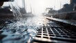 © sevector - Running water drops and splashes over a metal grate next to a concrete path in an industrial setting, symbolizing waste management and infrastructure for urban drainage and potential runoff issues