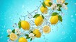 © SKMIAD - Fresh Lemons Splashing in Blue Water with White Flowers