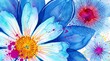 © Everlasting Dreams - Vibrant blue and white watercolor flowers bloom with expressive paint splatters. A bright yellow center and magenta accents add dynamic energy to this cheerful, high-contrast floral illustration.