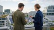 © picture worm - Business team discussing solar panel installation on rooftop with city skyline background, sustainable energy and green technology concept