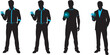 © MDKhademul - Flat vector illustration, silhouettes of people holding smartphones, glowing blue accents artwork, business casual attire design, modern technology lifestyle concept