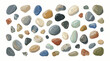 © fusiangkara - Collection of smooth, colorful, and varied river stones and pebbles scattered on a white background, perfect for natural design elements and textures
